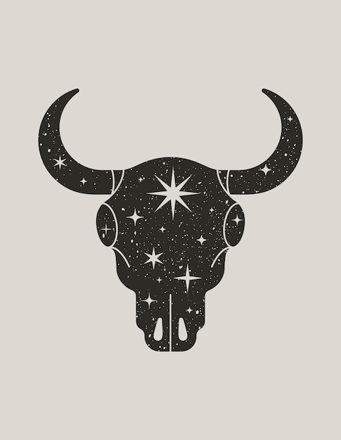 Mystic black silhouette di un teschio di toro in stile boho alla moda. illustrazione vettoriale di magic cow head con stelle per la stampa su muro, t-shirt, tatuaggio, post sui social media e storie