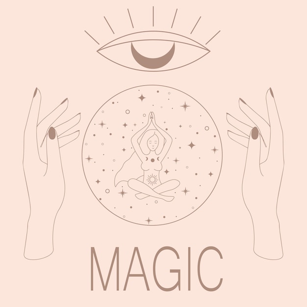 Vector mystic boho-logo, ontwerpelementen met maan, handen, ster, oog. vector magische symbolen geïsoleerd.