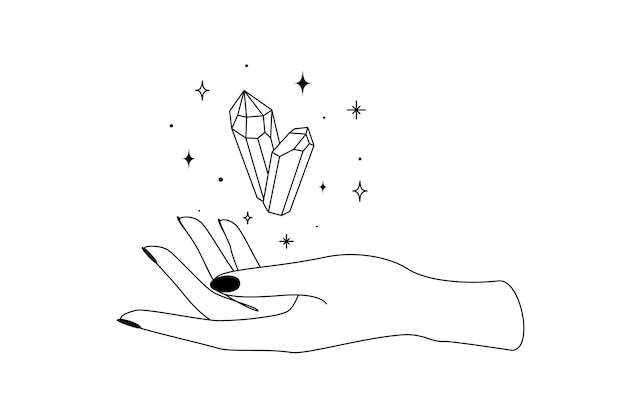 Mystic celestial crystal with constellation stars over woman hand outline silhouette. Vector illustration of Witch gemstone and Magic symbol.