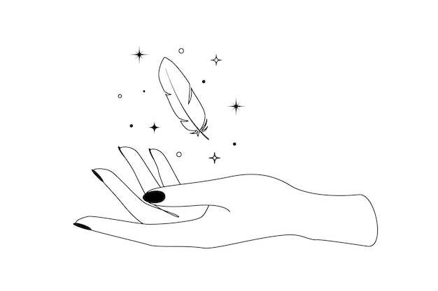 Mystic celestial feather with constellation stars over woman hand outline silhouette. Vector illustration of Witch and Magic symbol.