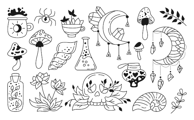 Mystic doodle set hekserij symbolen kristallen shell maan schedel esoterische spirituele boho occulte vector