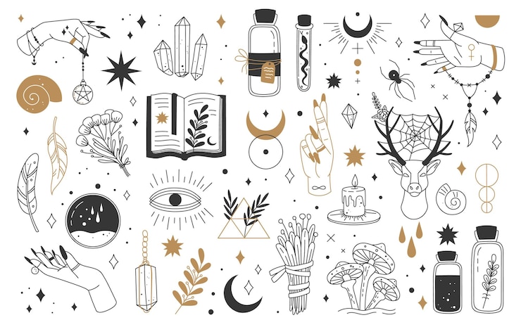 Vector mystic esoteric elements moon witch hands crystals potions mystical astrology magic occult vector