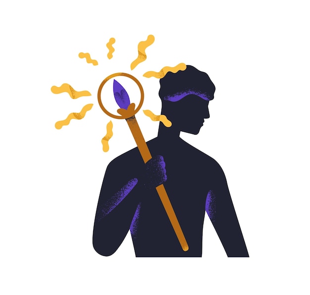 Vector mystic esoteric power concept. secret abstract unknown man character holding mysterious wand, spiritual torch, occult torchlight in hand. flat vector illustration isolated on white background.