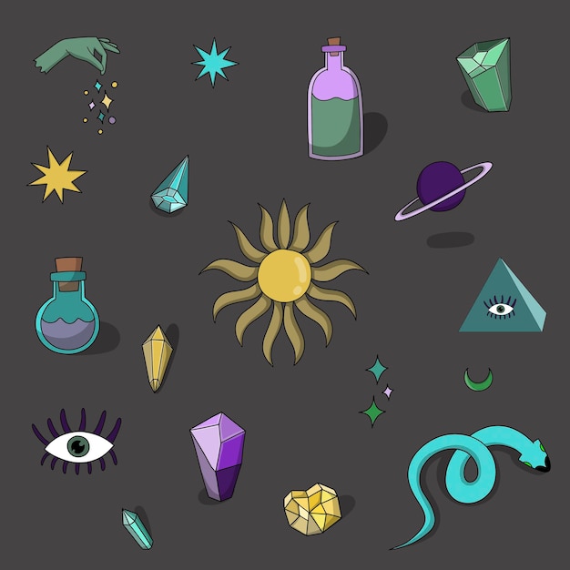 Vector mystic items doodle esoteric mystical elements magic and alchemy occult illustrations