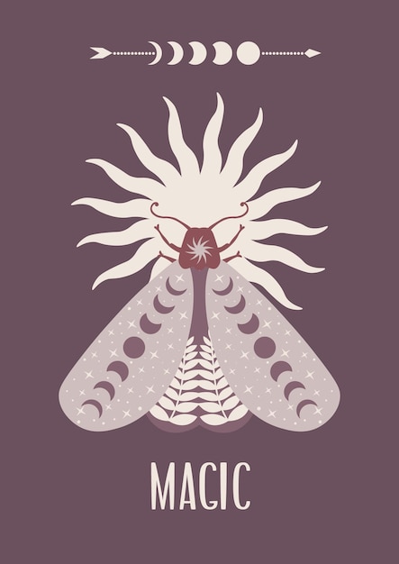 Mystic Moon moth card. Vector illustration hand drawn