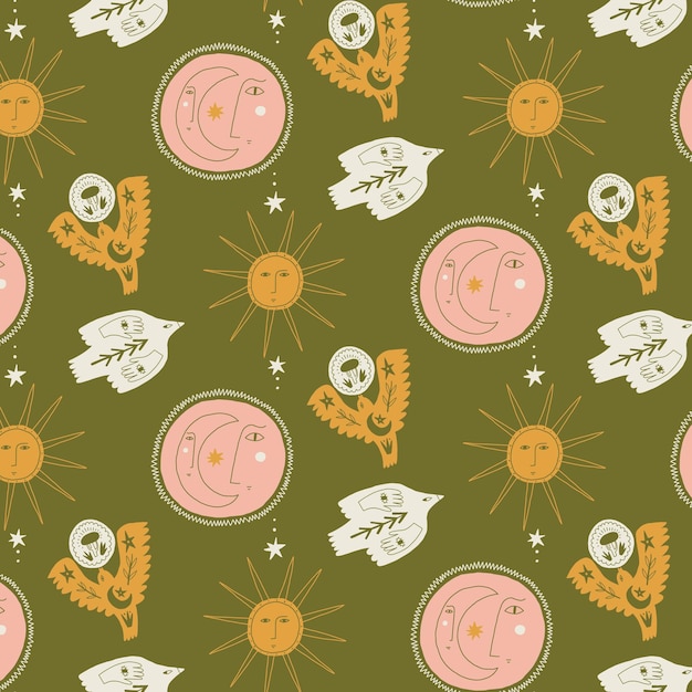 Mystic sun moon bird seamless pattern