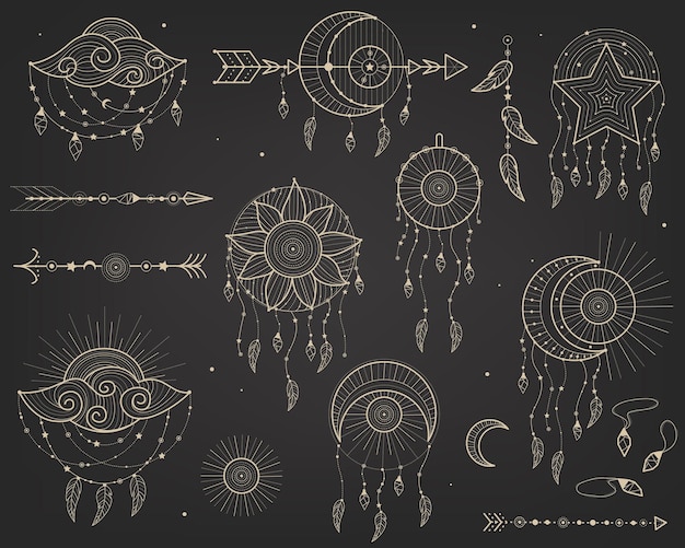 Oggetti vettoriali mistici luna mani cristalli pianeti doodle astrologia stile doodle esoterico boho mistico