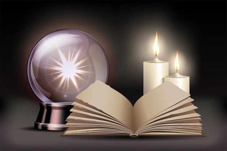 Vector mystical accessories bright glowing crystal ball for fortune tellers book and two burning candles
