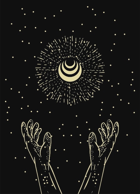 Вектор Мистический эстетический постер рука луна звезда ретро магия тайна богема