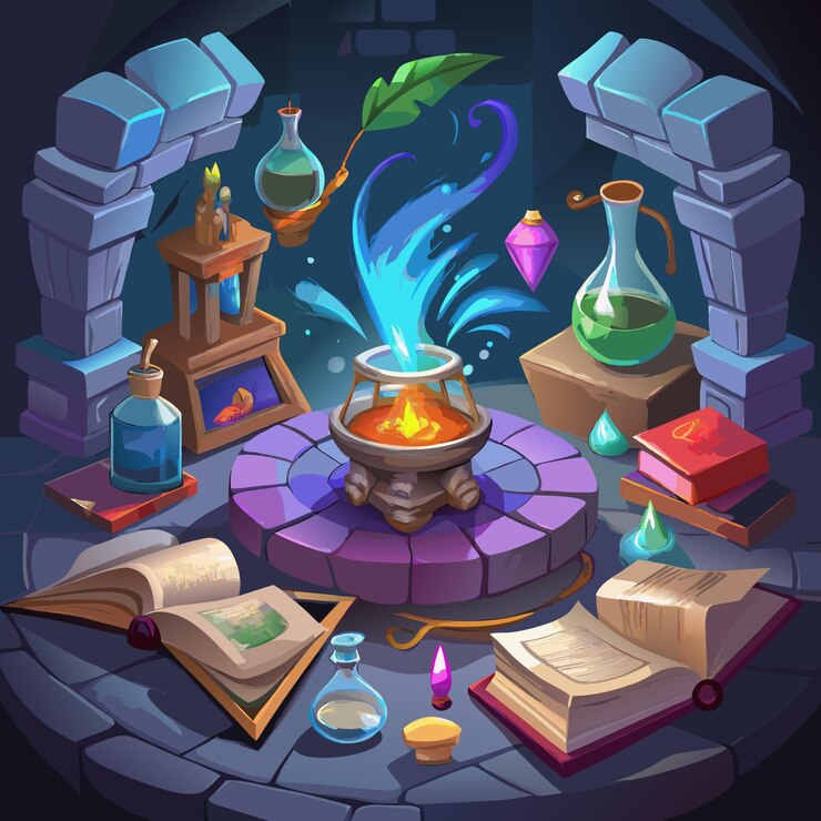 Vector mystical alchemy laboratory with floating books and magical potions