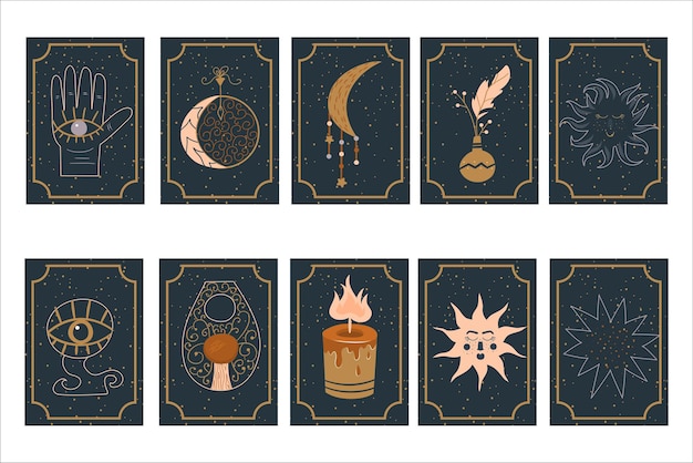 L'astrologia mistica imposta carte magiche su oggetti e simboli esoterici di sfondo stellato. luna e sole, talismani, amuleti e una mano per la chiaroveggenza del futuro. illustrazione vettoriale in uno stile piatto.