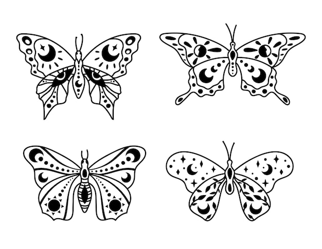 Мистическая бохо небесная бабочка и мотылек изолированные клипарты набор мистическая коллекция