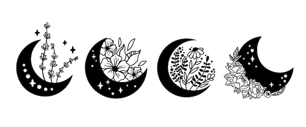 Vector mystical boho floral moon isolated cliparts bundle celestial collection moon and flowers set