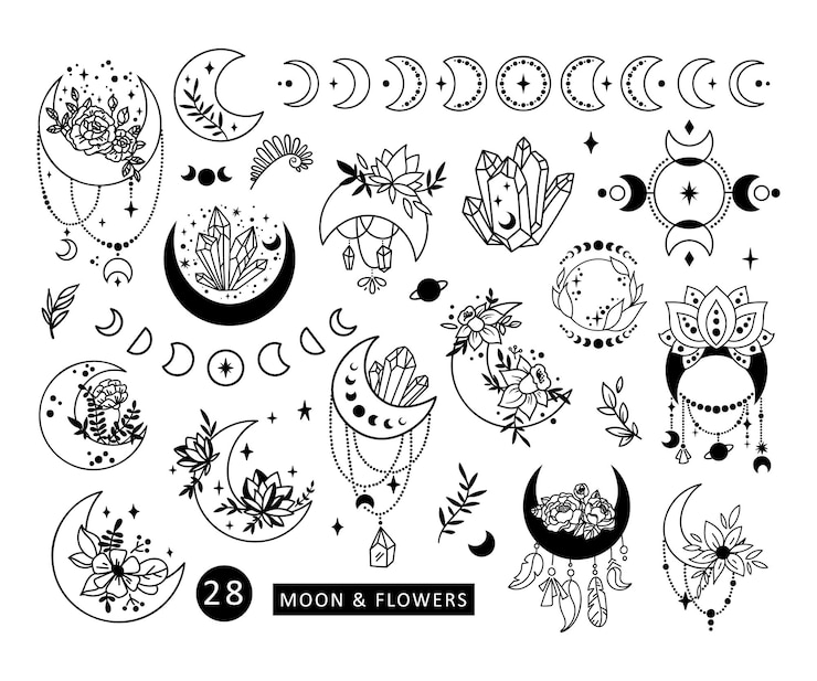 Vector mystical boho floral moon isolated cliparts bundle celestial collection moon and flowers vector