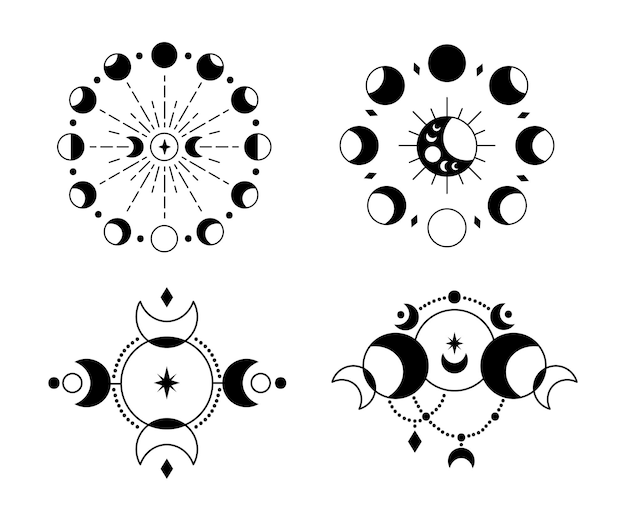 신비로운 보헤미안 달의 위상 고립 된 클립 아트 묶음 하늘의 달과 별 마법의 초승달
