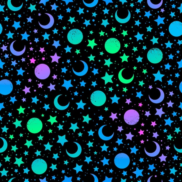 Mystical bright neon pattern with moon and stars