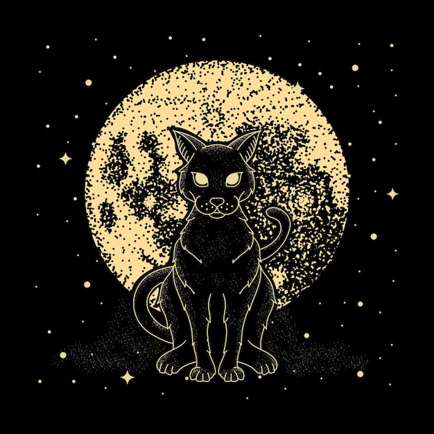 Vector mystical cat on a full moon night