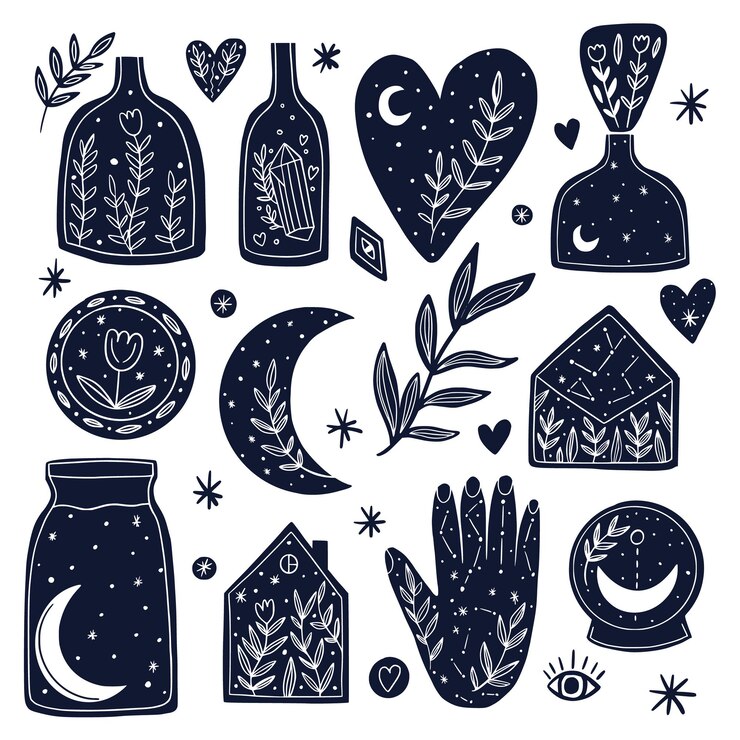 Vector mystical clipart heavenly clipart bottle with the moon flowers moon