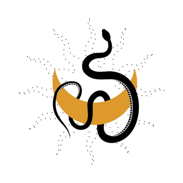 Vector mystical composition with wriggling black snake gold crescent moon and sun boho style esotericism magic illustration