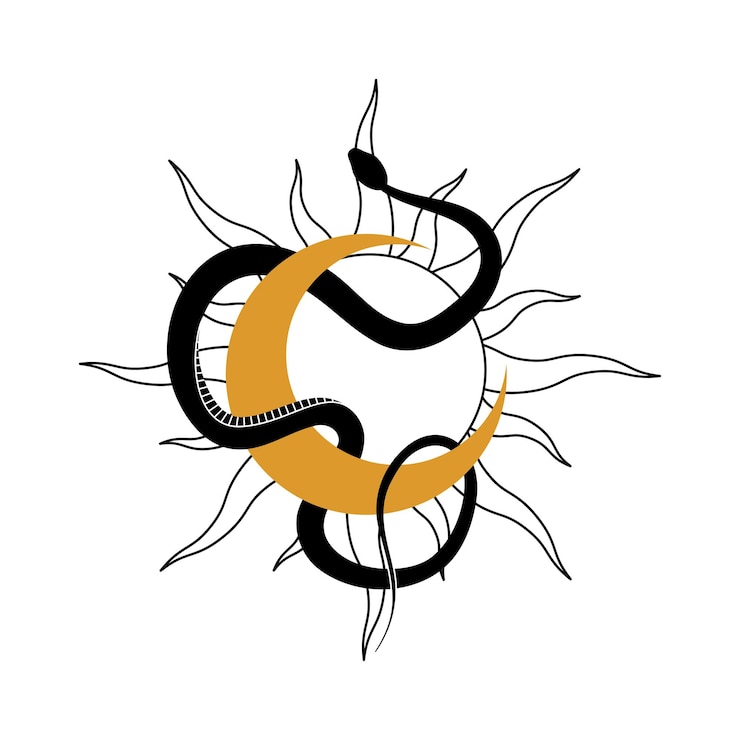 Vector mystical composition with wriggling black snake gold crescent moon and sun boho style esotericism magic illustration