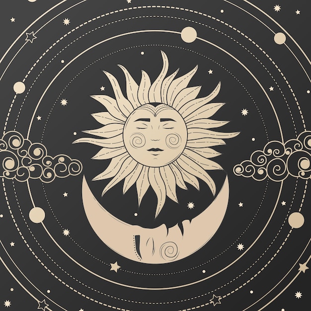 Vector mystical drawing of sun with face moon and crescent moon the device of the universe crescent moon