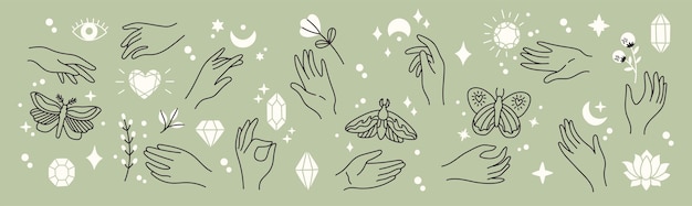 Mystical and esoteric vector set in trendy minimal lineart style. Vector in boho style hands