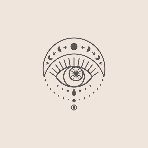 Occhio mistico e icona della luna in uno stile lineare minimale di tendenza. illustrazione isoterica vettoriale per stampe di t-shirt, poster boho, copertine, loghi e tatuaggi.