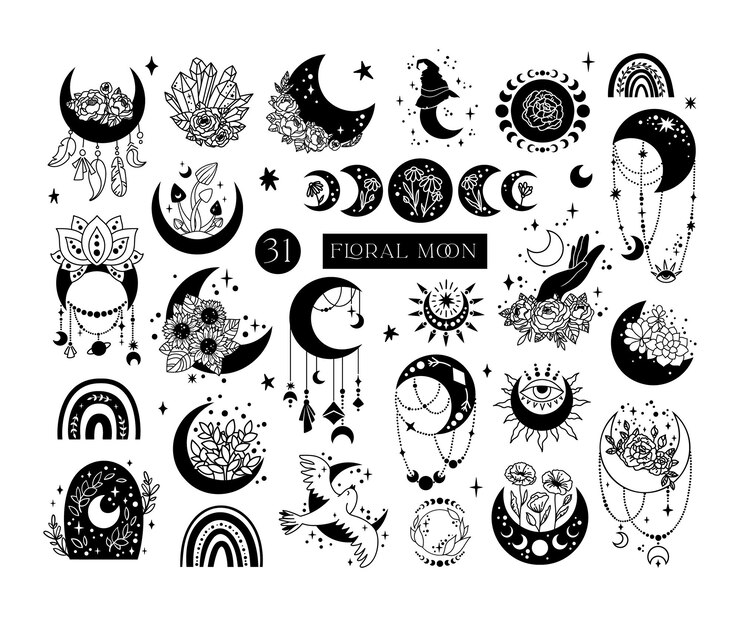 Vector mystical floral moon cliparts bundle celestial space collection moon and flowers