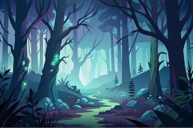 Вектор Мистическая лесная сцена с высокими деревьями, извилистой тропой и светящимися сферами, изображенными в оттенках синего и фиолетового.