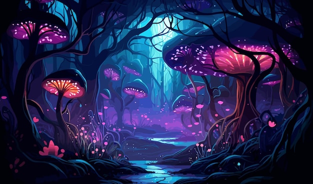 Vector mystical forest with bioluminescent plants vector isolated illustration