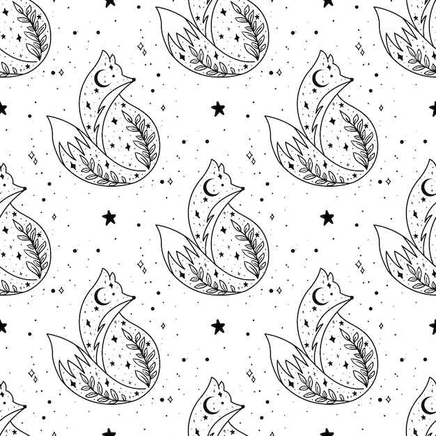 Мистическая лиса с луной и звездами Звезды созвездия луны Нарисованный вручную символ астрологии Для печати для футболок и сумок элемент декора Мистическая и магическая астрологическая иллюстрация