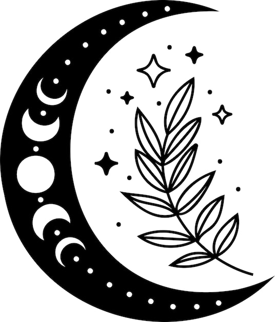 Vector mystical moon boho style moon with flowers and crystals stars linear illustration