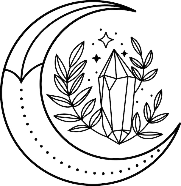 Vector mystical moon boho style moon with flowers and crystals stars linear illustration