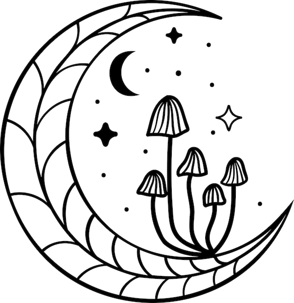 Mystical moon boho style moon with flowers and crystals stars linear illustration