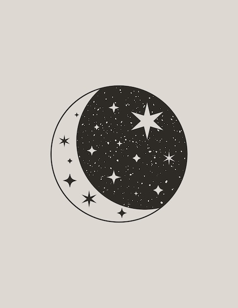 The mystical Moon in a Trendy Boho Style. Vector Icon of a Crescent moon with Stars