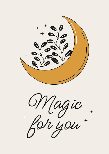Вектор Мистическая луна с растениями и звездами нарисованный вручную астрологический символ для печати на футболках и сумках