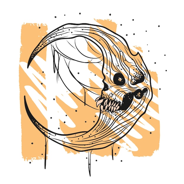 頭蓋骨の輪郭を描いた神秘的な月のグラフィック ストローク dotwork
