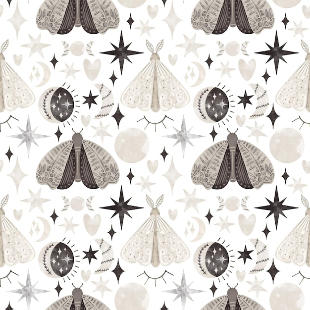 Mystical moths and celestial elements seamless pattern