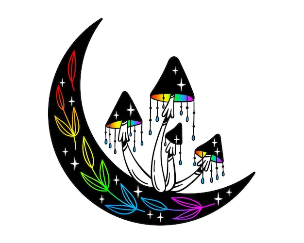 Mystical multicolored celestial mushrooms on a crescent moon Isolated vector clipart with rainbow elements