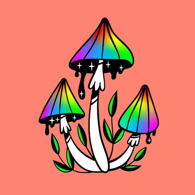 Vettore funghi mistici arcobaleno multicolore con foglie e gocce clipart vettoriali isolati