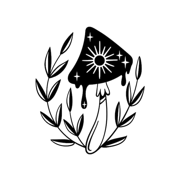 Mystical mushroom with leaves and a symbol of the sun Black and white vector clip art in boho style