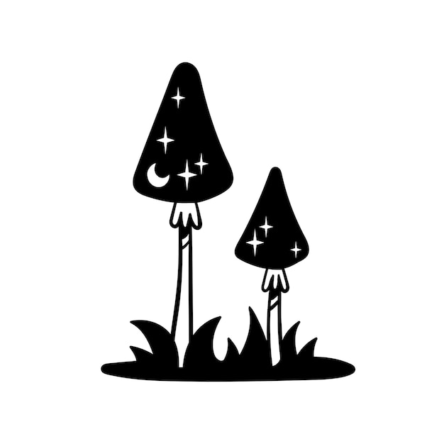 Mystical mushrooms in the grass Black and white vector clip art in boho style