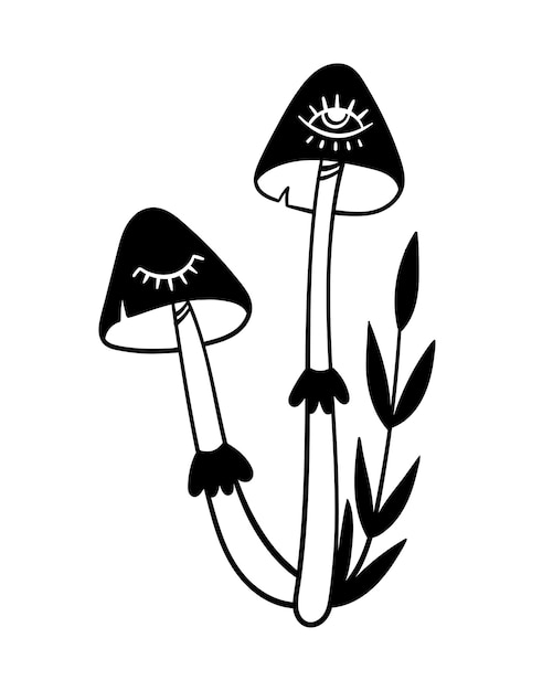 Vettore funghi mistici con un ramoscello clipart vettoriali in bianco e nero in stile boho