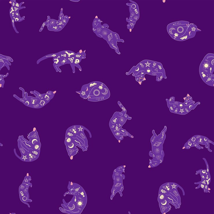 Vector mystical seamless pattern of cats in boho style silhouette collection witchcraft and magic esotericism