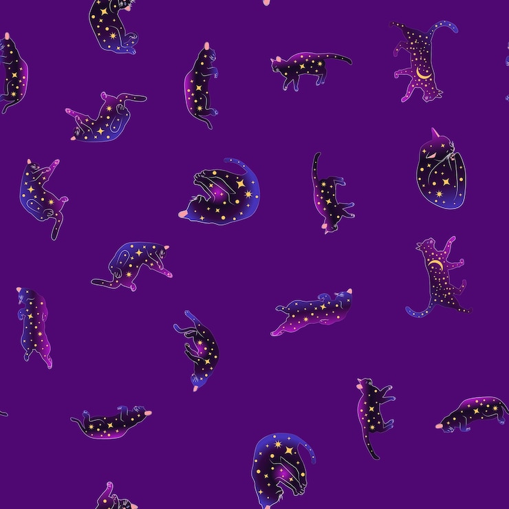 Vector mystical seamless pattern of cats in boho style silhouette collection witchcraft and magic