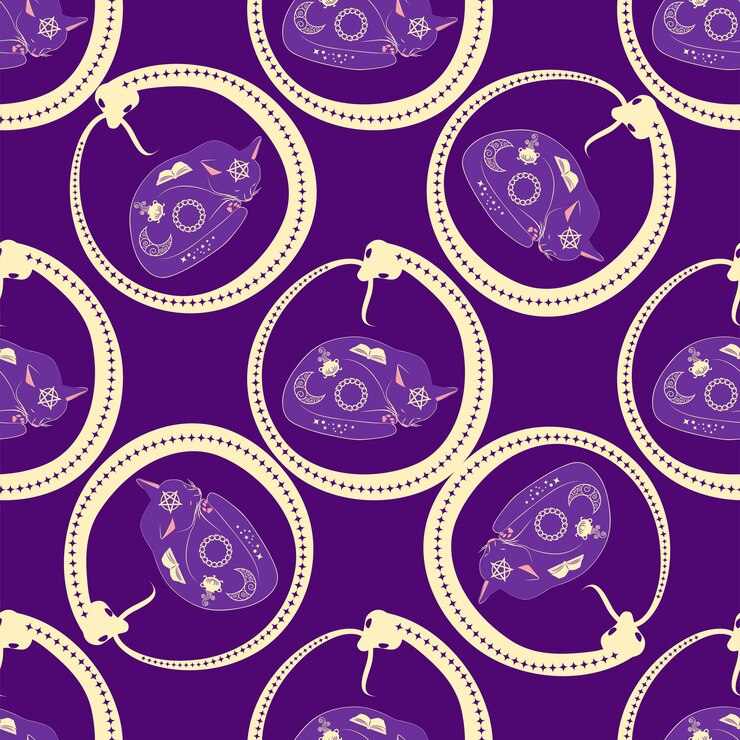 Vector mystical seamless pattern of cats in boho style silhouette collection witchcraft and magic