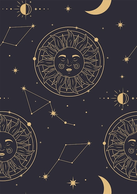 Mystical seamless pattern Repeating design element for printing on fabric Constellations and moon astrology and astronomy Esotericism and mysticism religion Flat vector illustration