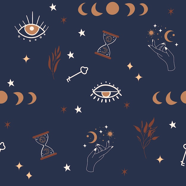 Vector mystical seamless pattern with moon phases, eyes, stars and botanical elements.