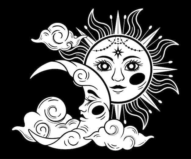 타로 점성술 천체 연금술 조디악에 대한 얼굴을 가진 신비로운 태양과 달