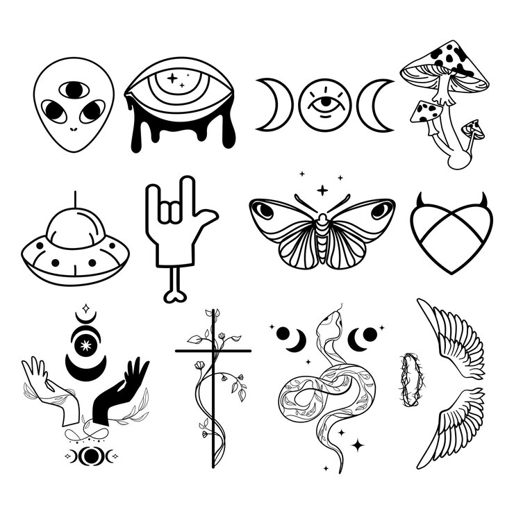 Vector mystical symbols set with butterfly third eye moon phases snakes vector